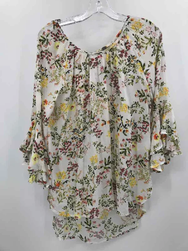 Pre-Owned Cupio White Size Medium Floral Tunic Blouse Textured Cotton Blouse