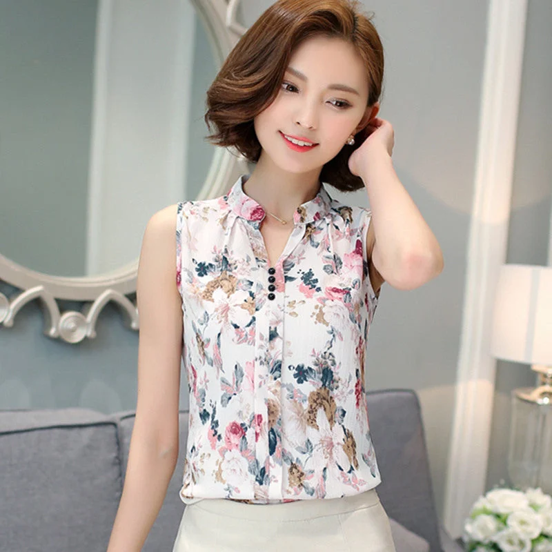 Fashion Summer Chiffon Blouse Women Printed Sleeveless Blouse Floral Print Blouses Shirts Office Shirt Lightweight Chiffon Blouse
