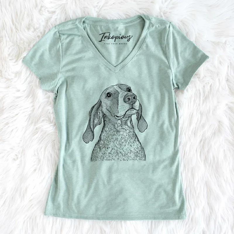 Bare Chester the Red Tick Coonhound - Women's V-neck Shirt-- Silk Blend Satin Velvet Bare Chester the Red Tick Coonhound - Women's V-neck Shirt-- Silk Blend Satin Velvet