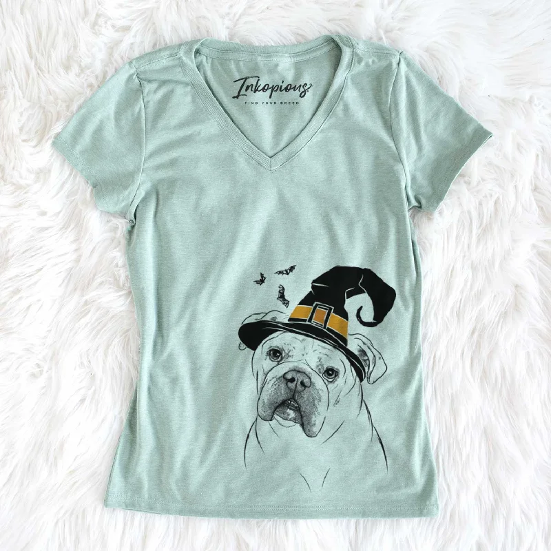 Witch Blossom the English Bulldog - Women's V-neck Shirt-- V-Neck T-Shirt Long Sleeve Cotton