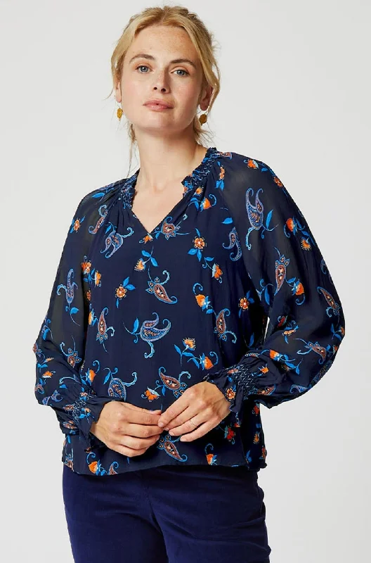 Octavia Printed Raglan Blouse | Budding Paisley Navy/Orange Smart Casual Blouse