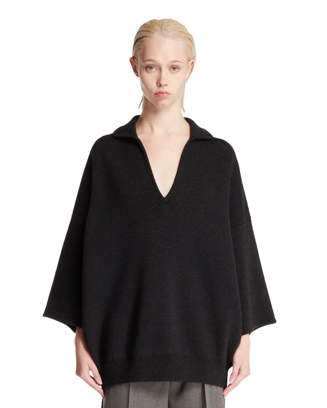 Polo T-Shirt Nera In Lana-- Thin T-Shirt Open Front Quick Dry