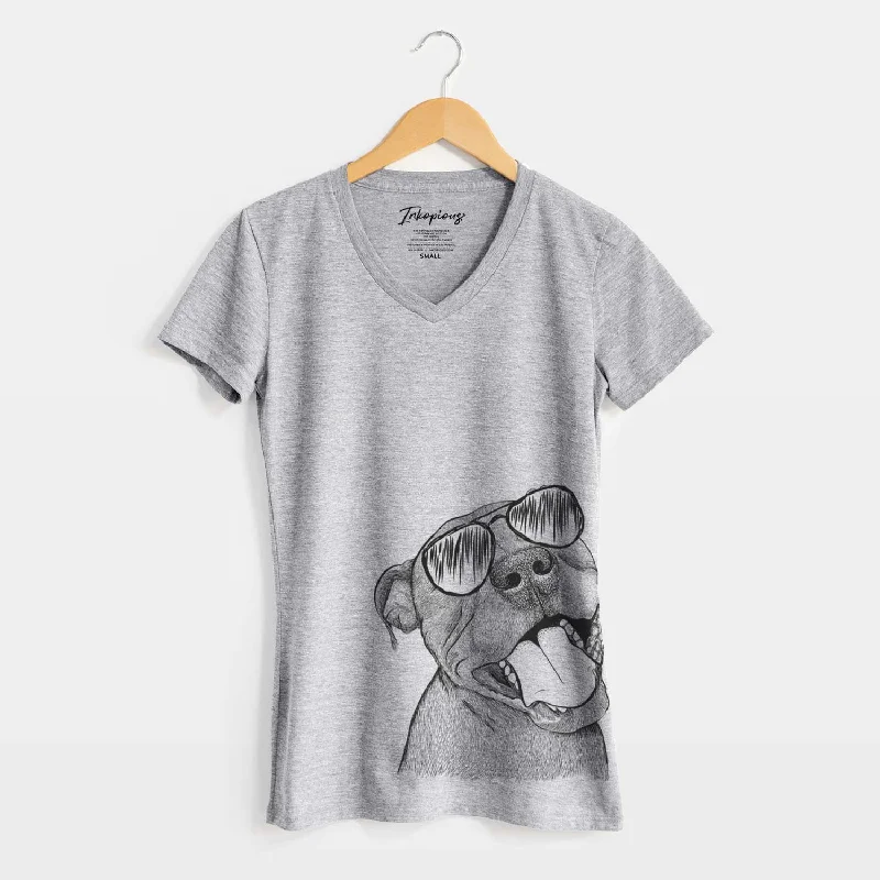 Aviator Eloise the Pitbull Mix - Women's V-neck Shirt-- Terry Blend Velvet Blend Canvas Blend Aviator Eloise the Pitbull Mix - Women's V-neck Shirt-- Terry Blend Velvet Blend Canvas Blend