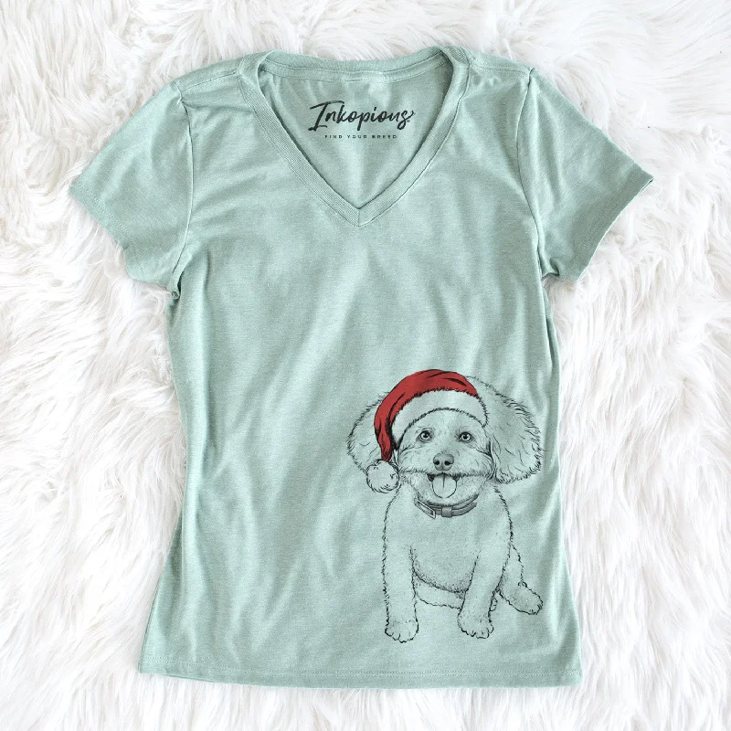 Santa Peyton the Bichon Frise - Women's Perfect V-neck Shirt-- Houndstooth Herringbone Solid Santa Peyton the Bichon Frise - Women's Perfect V-neck Shirt-- Houndstooth Herringbone Solid