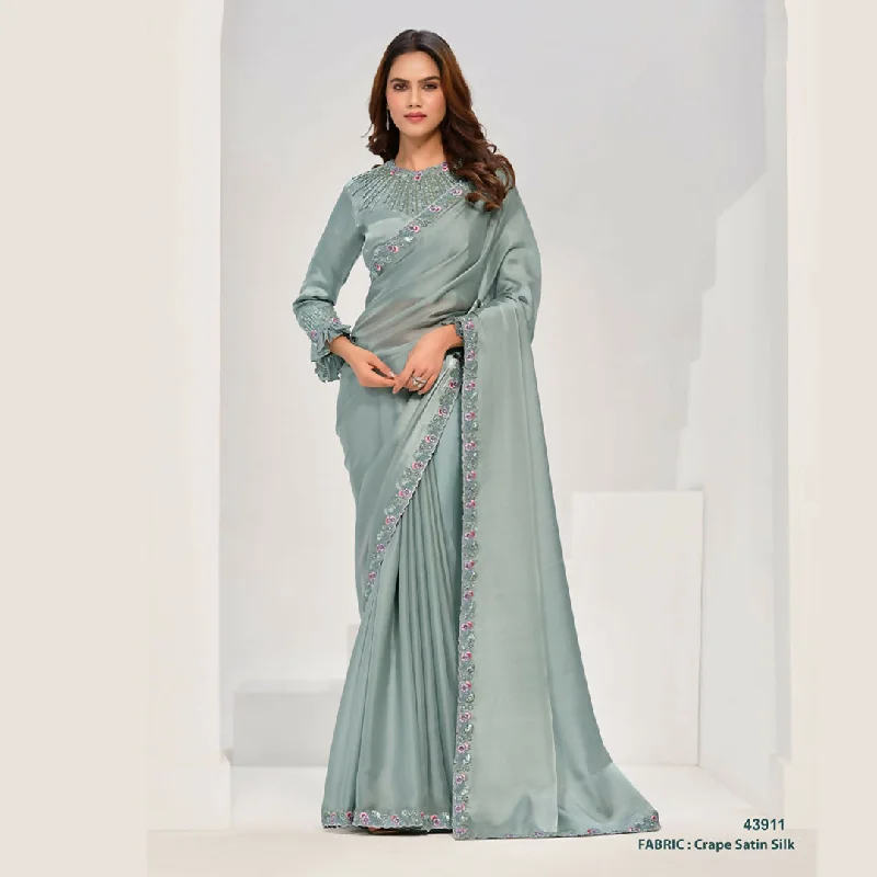 Sea Green Crepe Satin Silk Handwork Saree With Unstitched Blouse - Norita Saanjh Romantic Lace Blouse Sea Green Crepe Satin Silk Handwork Saree With Unstitched Blouse - Norita Saanjh Romantic Lace Blouse