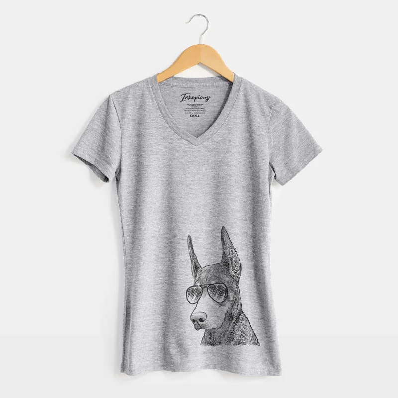 Aviator Sunny the Doberman Pinscher - Women's V-neck Shirt-- Handmade Hand-knitted Hand-woven