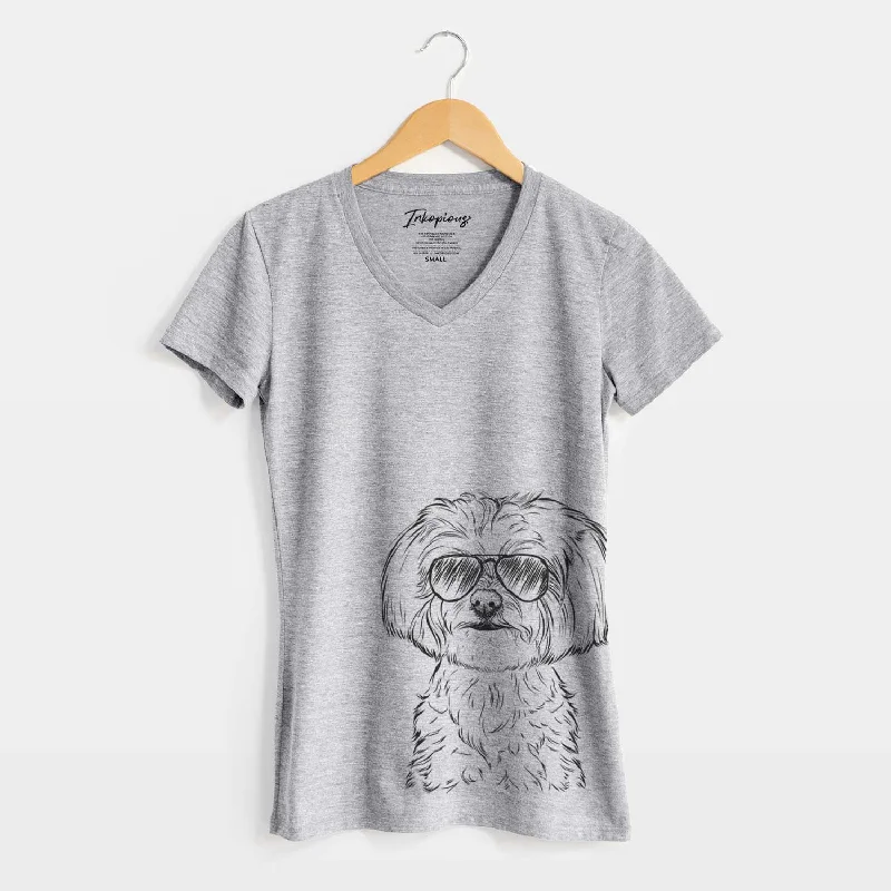 Aviator Willow the Maltese - Women's V-neck Shirt-- Satin Fabric Silk Fabric Chiffon Fabric Aviator Willow the Maltese - Women's V-neck Shirt-- Satin Fabric Silk Fabric Chiffon Fabric