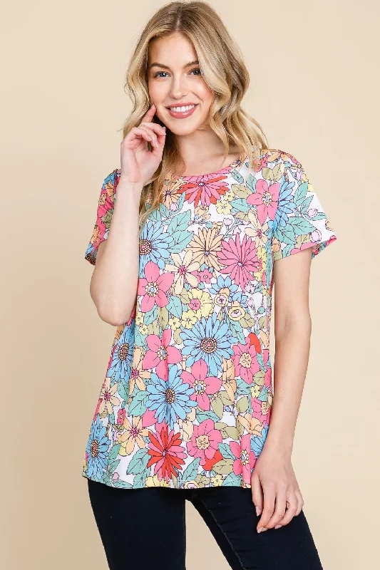 Blue Zone Planet |  BOMBOM Floral Short Sleeve T-Shirt-- Real Fur Shearling Chenille