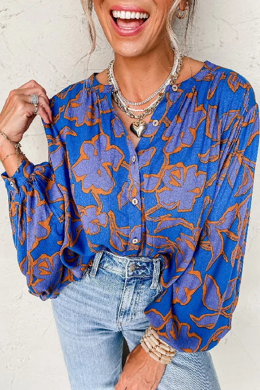 Blue Zone Planet | Blue Floral Print Batwing Sleeve Buttoned Loose Fit Shirt-- Chenille Fabric Brocade Fabric Lace Fabric Blue Zone Planet | Blue Floral Print Batwing Sleeve Buttoned Loose Fit Shirt-- Chenille Fabric Brocade Fabric Lace Fabric