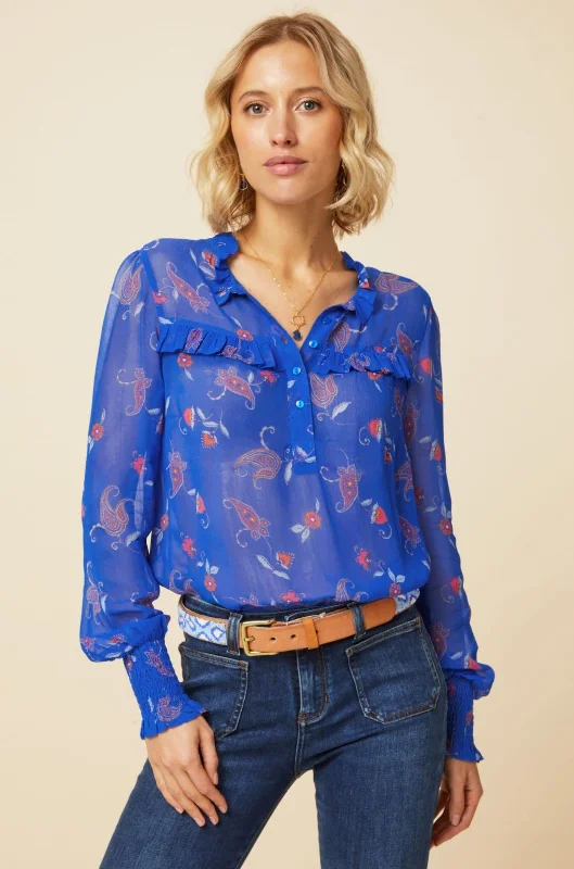 Kaitlyn Blouse | Cobalt/Orange Drape Neck Blouse