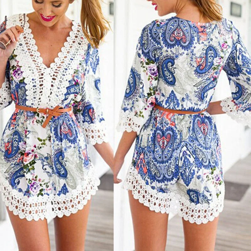 Women Sexy Lace Crochet Boho Beach Dress Floral Chiffon Shirt Blouse Sundress Double Button Blouse