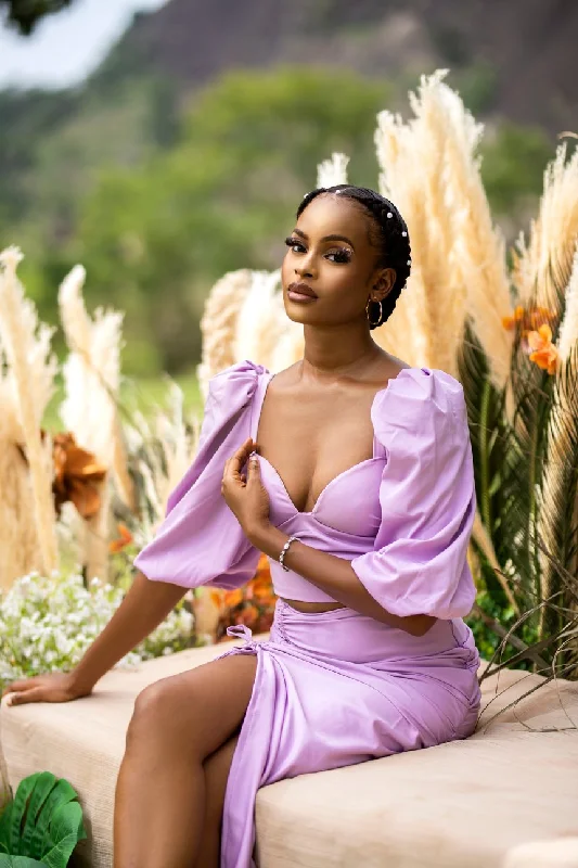 Ivory Afrikaan Scorpio set with Lilac crop blouse and midi skirt Feminine Tie Blouse