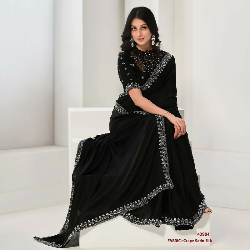 Black Crepe Satin Silk Sequence & Handwork Saree With Unstitched Blouse - Norita Saanjh Short Sleeve Blouse Black Crepe Satin Silk Sequence & Handwork Saree With Unstitched Blouse - Norita Saanjh Short Sleeve Blouse