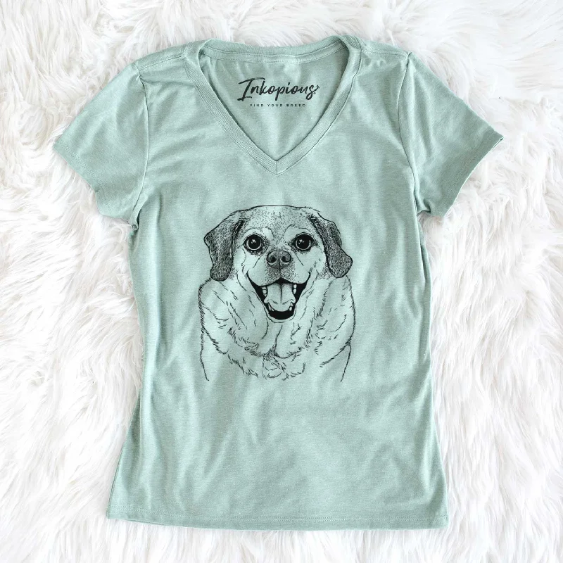 Bare Little Man the Puggle - Women's V-neck Shirt-- Striped Floral Plaid