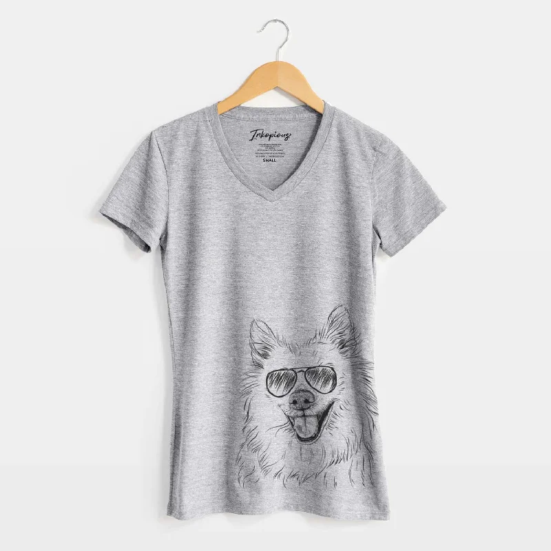 Aviator Miki the American Eskimo - Women's V-neck Shirt-- Striped Floral Plaid