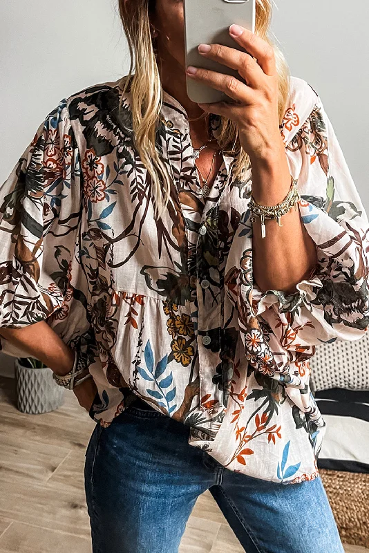 Blue Zone Planet | White Floral Print Balloon Sleeves Button Up Loose Casual Shirt-- Terry Blend Velvet Blend Canvas Blend Blue Zone Planet | White Floral Print Balloon Sleeves Button Up Loose Casual Shirt-- Terry Blend Velvet Blend Canvas Blend