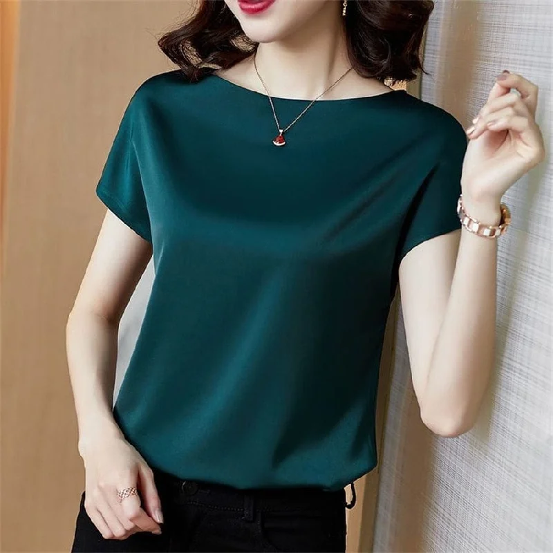 Office Lady Tops Summer Short Sleeve O-Neck Blouses Satin Blouse Women Shirts Simple Solid Casual Loose Shirt Blusas DF4904 Elegant Lace Blouse