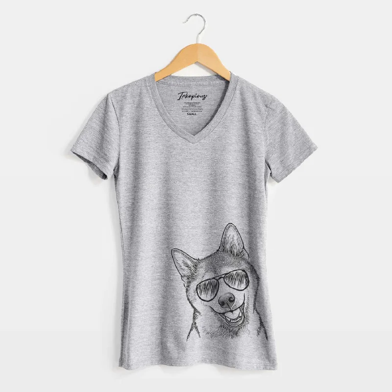 Aviator Koby the Shiba Inu - Women's V-neck Shirt-- Fleece Nylon Spandex