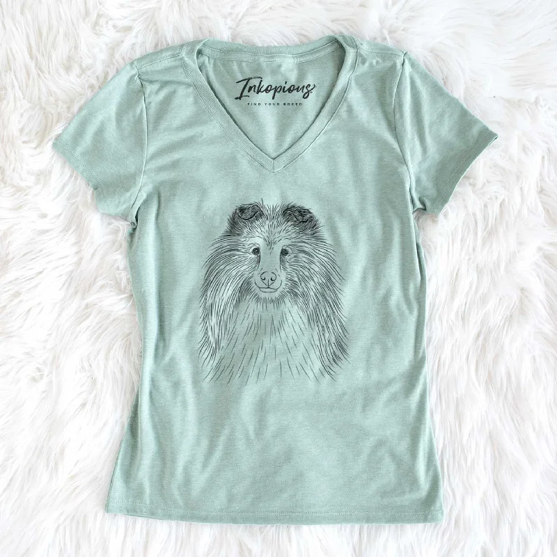 Bare Moxie the Shetland Sheepdog - Women's V-neck Shirt-- Sequined Glittery Shiny