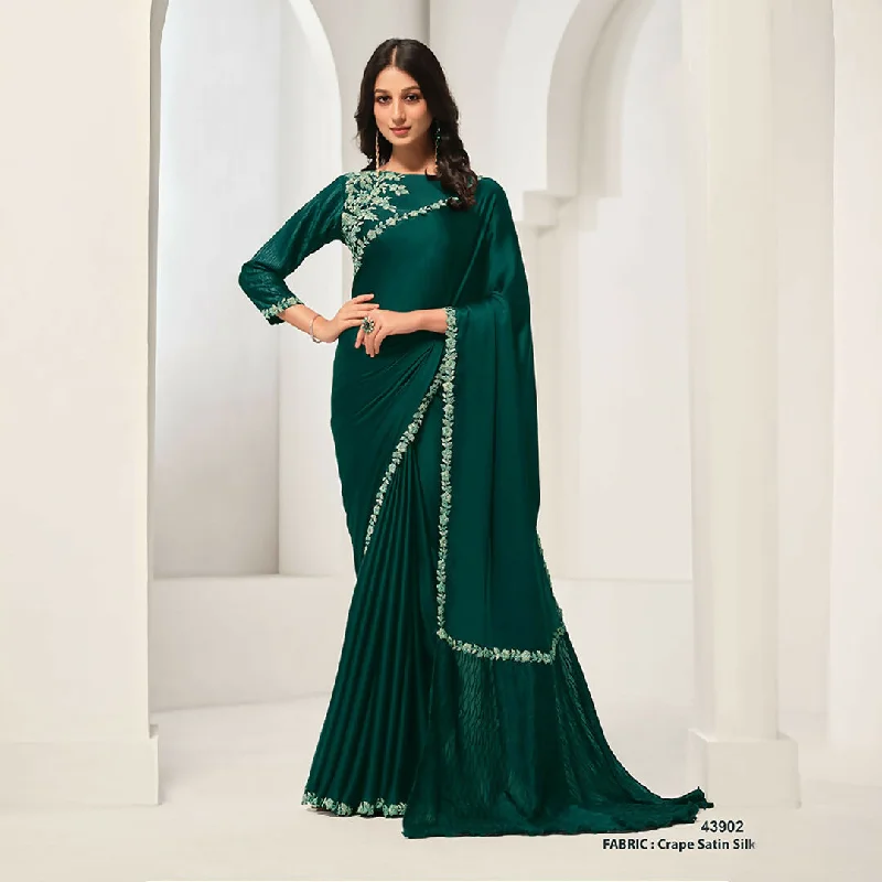 Green Crepe Satin Silk Handwork Saree With Unstitched Blouse - Norita Saanjh Polished Work Blouse Green Crepe Satin Silk Handwork Saree With Unstitched Blouse - Norita Saanjh Polished Work Blouse