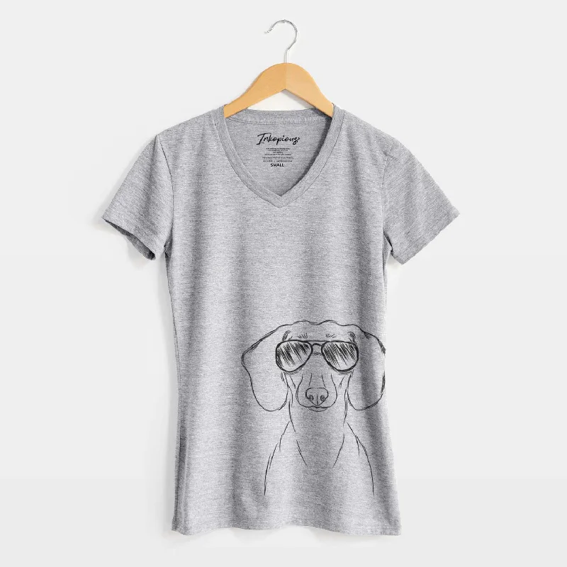 Aviator Hans the Dachshund - Women's V-neck Shirt-- Print Jacquard Patchwork