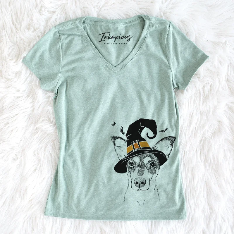 Witch Chloe the Doxie Mix - Women's Perfect V-neck Shirt-- Satin Fabric Silk Fabric Chiffon Fabric Witch Chloe the Doxie Mix - Women's Perfect V-neck Shirt-- Satin Fabric Silk Fabric Chiffon Fabric