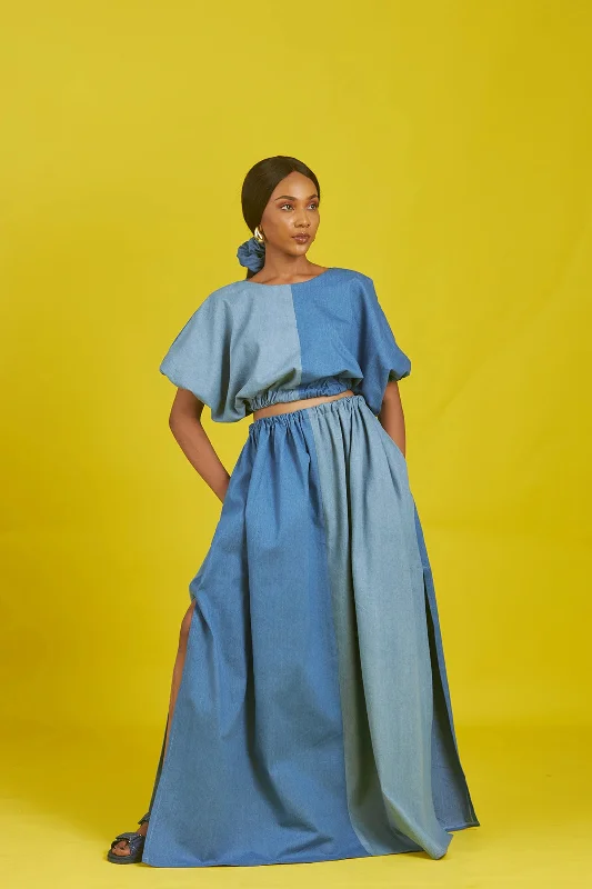 M.O.T Nunu denim top with Cropped blouse Pleated Collar Blouse