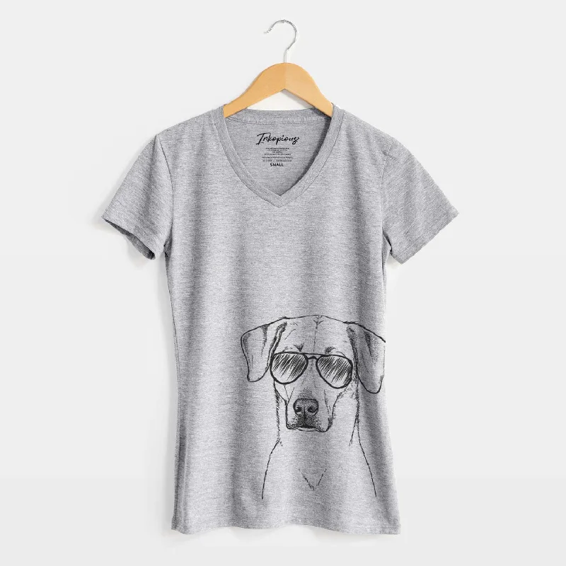 Aviator Charlie Girl the Yellow Lab - Women's V-neck Shirt-- Spandex Blend Rayon Blend Denim Blend Aviator Charlie Girl the Yellow Lab - Women's V-neck Shirt-- Spandex Blend Rayon Blend Denim Blend