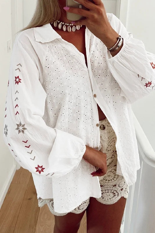 Blue Zone Planet | White Floral Embroidered Puff Sleeve Eyelet Patchwork Shirt-- Elasticated Padded Insulated Blue Zone Planet | White Floral Embroidered Puff Sleeve Eyelet Patchwork Shirt-- Elasticated Padded Insulated