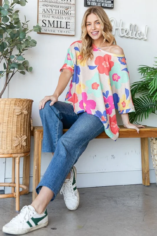 Blue Zone Planet | HOPELY Floral Waffle Oversize T-Shirt-- Layered Multi-layer Single Layer Blue Zone Planet | HOPELY Floral Waffle Oversize T-Shirt-- Layered Multi-layer Single Layer