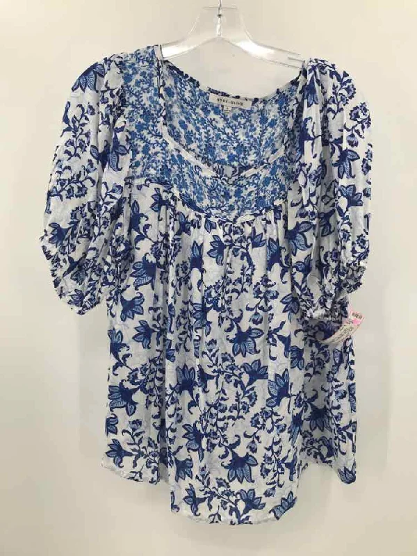 Pre-Owned Rose + Olive Blue Size Large Printed Blouse Smart Casual Blouse