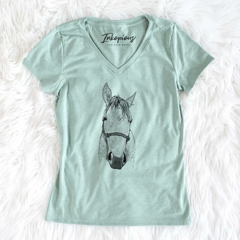 Bare SeaBee the Quarter Horse - Women's V-neck Shirt-- Cashmere Blend Cotton Blend Poly Blend Bare SeaBee the Quarter Horse - Women's V-neck Shirt-- Cashmere Blend Cotton Blend Poly Blend