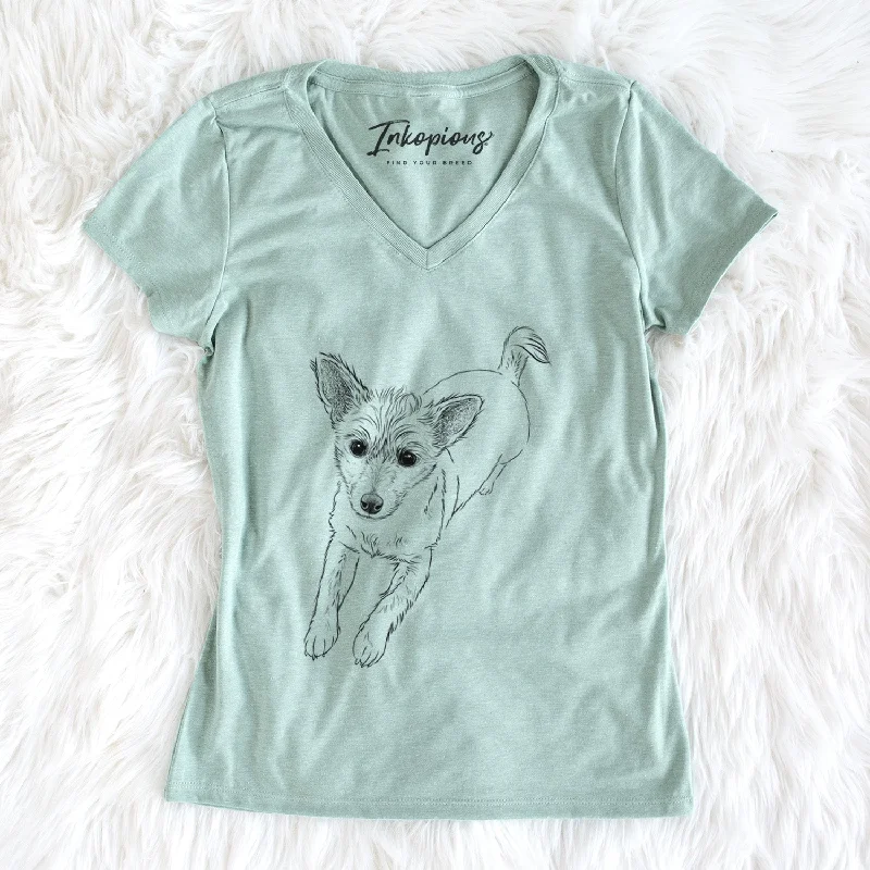 Bare Maisie the Terrier Mix - Women's V-neck Shirt-- Embroidered Appliqued Beaded