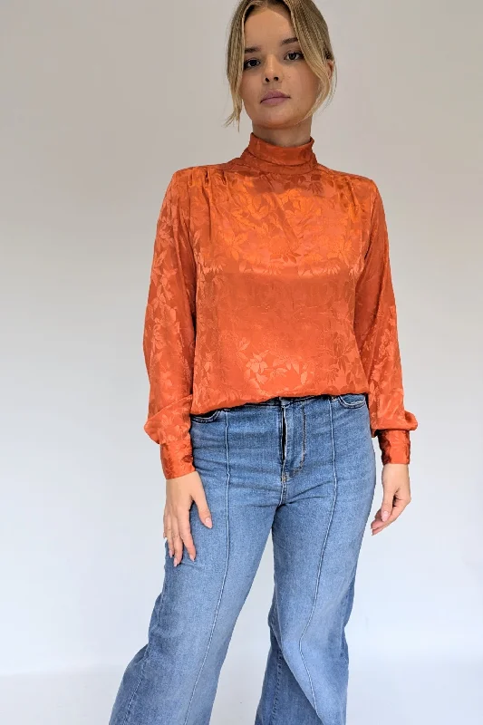 Vintage High Neck Jacquard Rust Blouse Chic Off-Shoulder Blouse