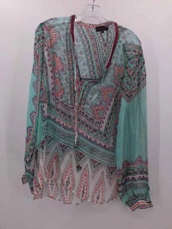 Pre-Owned Hale Bob Blue Size Large Printed Blouse Embroidered Floral Blouse