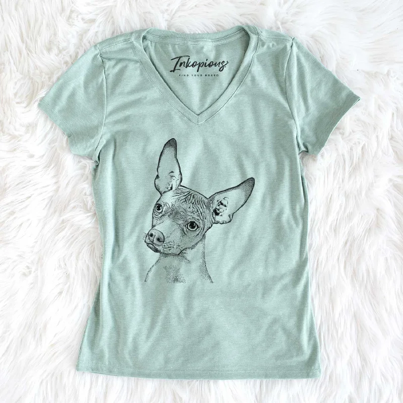 Bare Kahlo the Xoloitzcuintli - Women's V-neck Shirt-- Denim Fabric Leather Fabric Suede Fabric Bare Kahlo the Xoloitzcuintli - Women's V-neck Shirt-- Denim Fabric Leather Fabric Suede Fabric