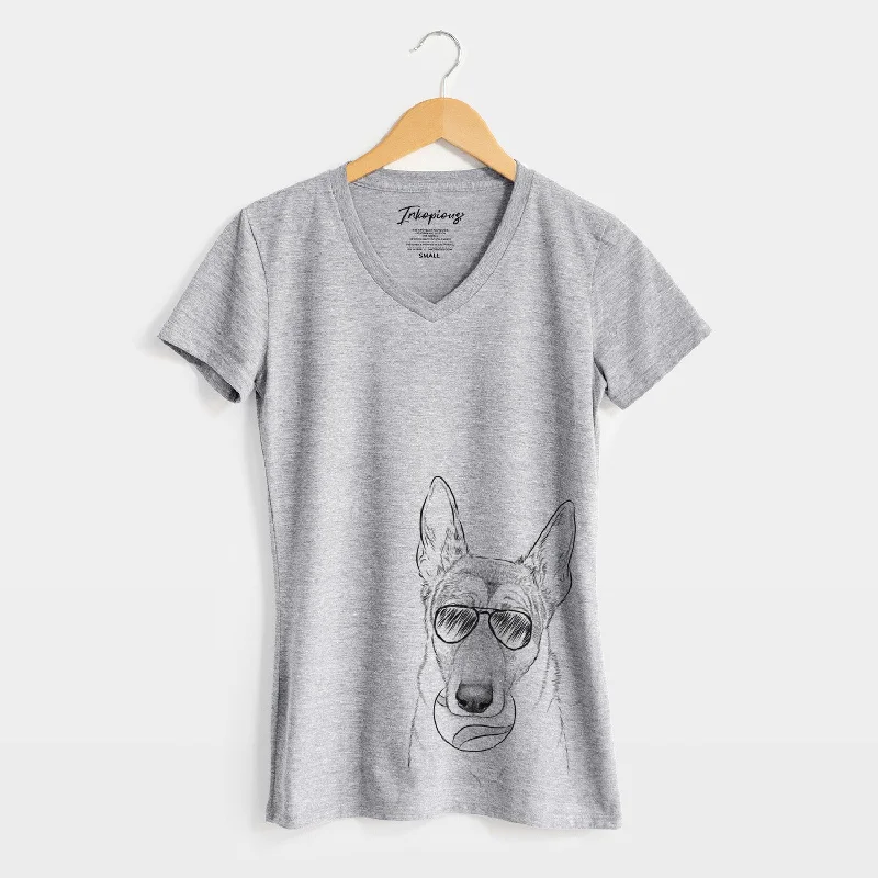 Aviator Greta the German Shepherd - Women's V-neck Shirt-- Front Pockets Side Pockets Patch Pockets Aviator Greta the German Shepherd - Women's V-neck Shirt-- Front Pockets Side Pockets Patch Pockets