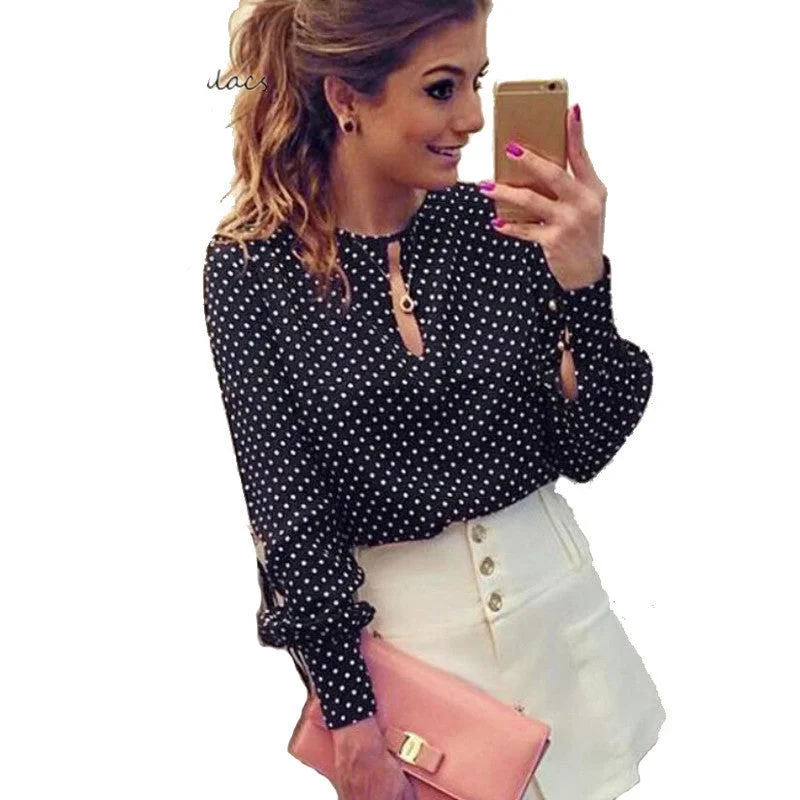 Long Sleeve Slit Open Women Blouse Polka Dots Shirt Top Chiffon Hollow Sexy Casual Shirt Plus Size Women Tops Blusas bluse Office-Ready Blouse Long Sleeve Slit Open Women Blouse Polka Dots Shirt Top Chiffon Hollow Sexy Casual Shirt Plus Size Women Tops Blusas bluse Office-Ready Blouse
