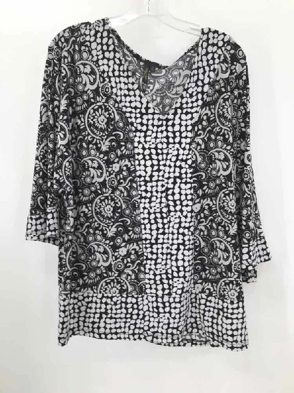 Pre-Owned Olivia Paige Black Size 2X Printed Blouse Gathered Detail Blouse
