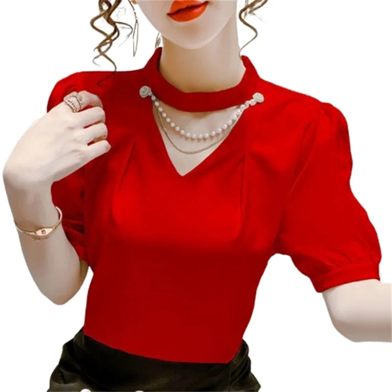 Pearl Embellished Puff Sleeve Blouse Flowy Bohemian Blouse