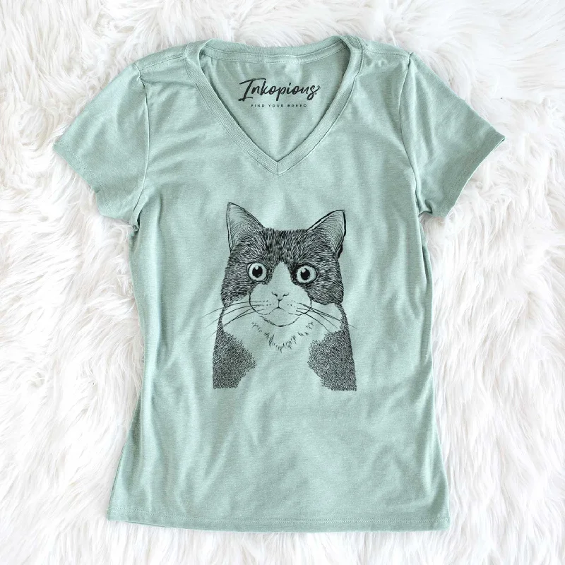 Bare Tux the Tuxedo Cat - Women's V-neck Shirt-- Sequined Glittery Shiny
