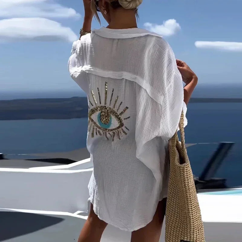 Evil Eye Casual Sequin Beaded Shirt Spring Geometric Eye Top Long Sleeve Loose Shirts Summer Turn-down Collar Button Long Blouse Asymmetric Hem Blouse