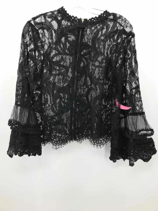 Pre-Owned Vivid Black Size Medium Lace Long Sleeve Blouse Wrap Front Blouse