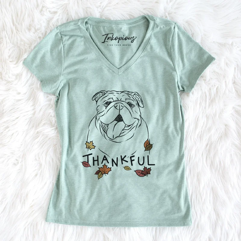 Thankful Missy Moo the English Bulldog - Women's V-neck Shirt-- Zippered Buttoned Snapped