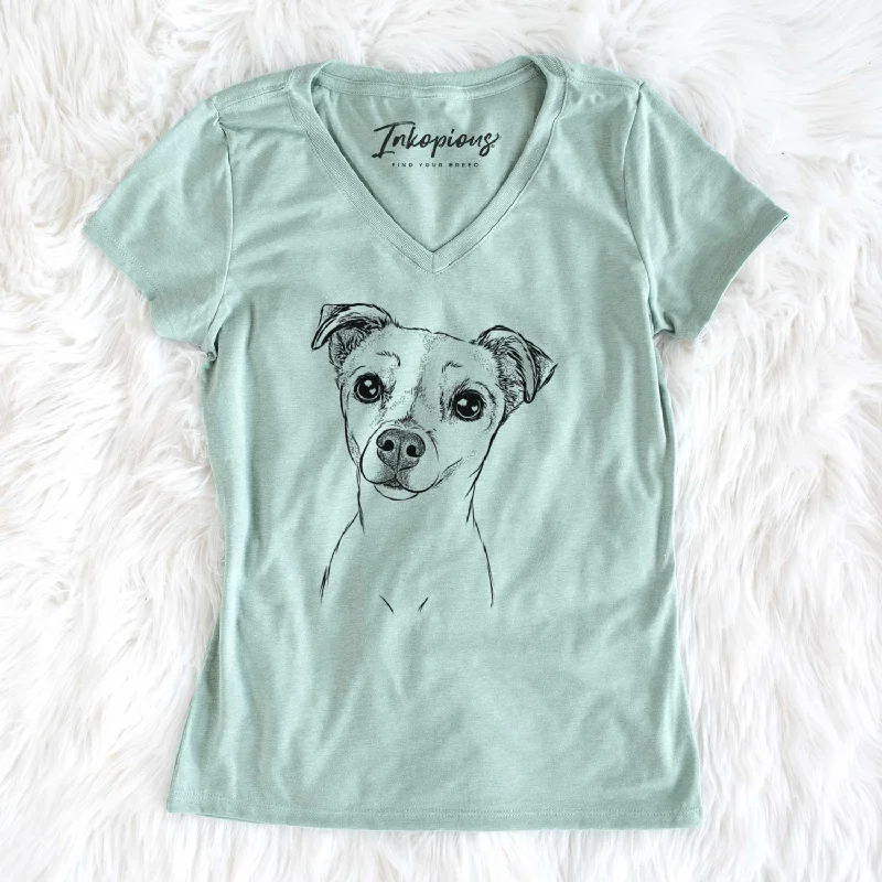 Bare Izzy the Chiweenie - Women's V-neck Shirt-- Jersey Fabric Tulle Fabric Batik Fabric Bare Izzy the Chiweenie - Women's V-neck Shirt-- Jersey Fabric Tulle Fabric Batik Fabric