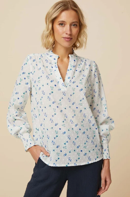 Clarissa Printed Dobby Blouse | Cream/Blue Office Formal Blouse