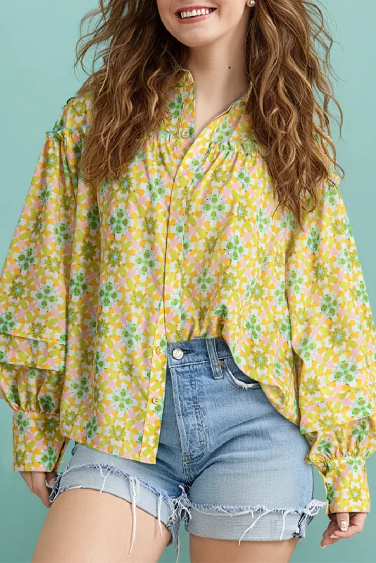 Blue Zone Planet | Green Boho Floral Print Frilly Detail Puff Sleeve Shirt-- Silk Blend Satin Velvet Blue Zone Planet | Green Boho Floral Print Frilly Detail Puff Sleeve Shirt-- Silk Blend Satin Velvet