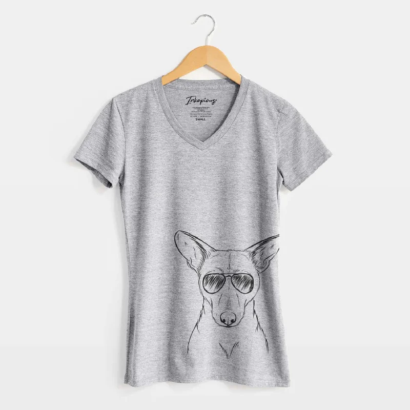 Aviator Buff the Dorgi - Women's V-neck Shirt-- Zippered Front Buttoned Front Snap Front Aviator Buff the Dorgi - Women's V-neck Shirt-- Zippered Front Buttoned Front Snap Front
