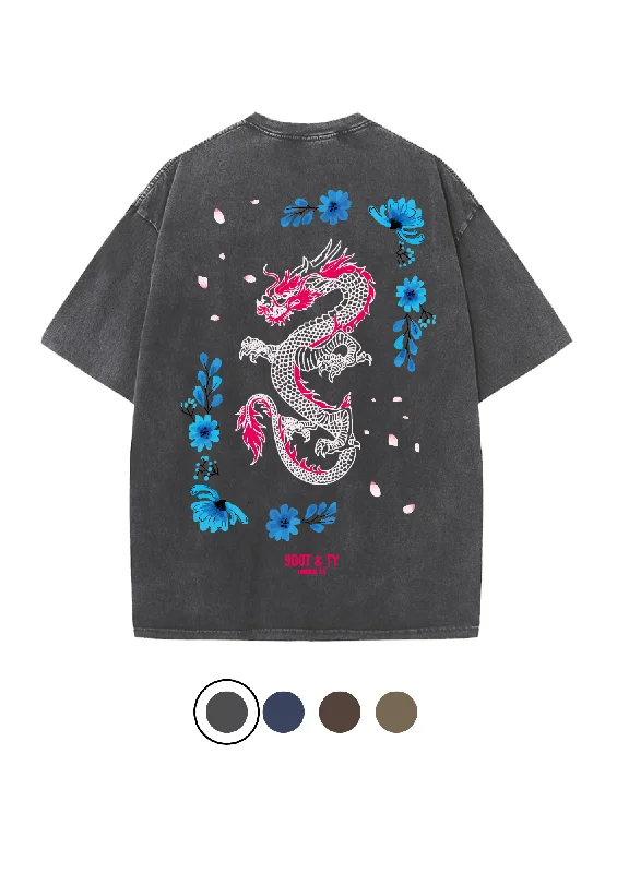 Soot and Ty Floral Dragon Print Relaxed Fit Stonewash T-shirt-- Hooded Caped Shawl Collar Soot and Ty Floral Dragon Print Relaxed Fit Stonewash T-shirt-- Hooded Caped Shawl Collar