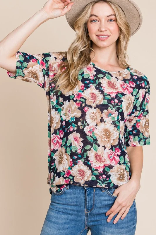 Blue Zone Planet | BOMBOM Floral Round Neck T-Shirt-- Fitted T-Shirt Seamless Stretchy Blue Zone Planet | BOMBOM Floral Round Neck T-Shirt-- Fitted T-Shirt Seamless Stretchy